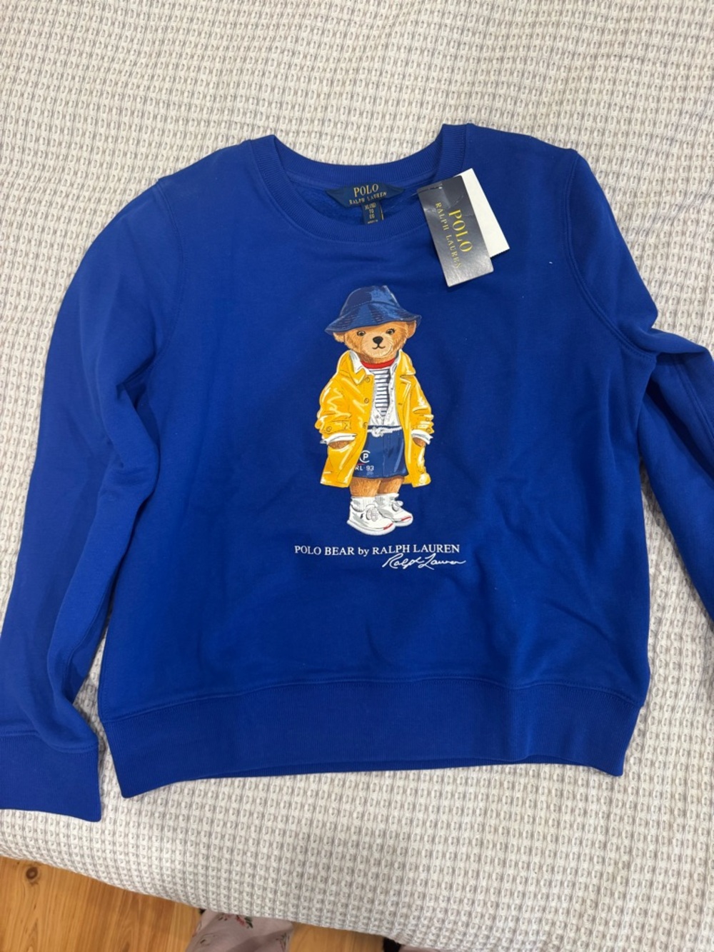 Ralph Lauren Kids Royal Blue Polo Bear Sweatshirt with Yellow Coat Graphic